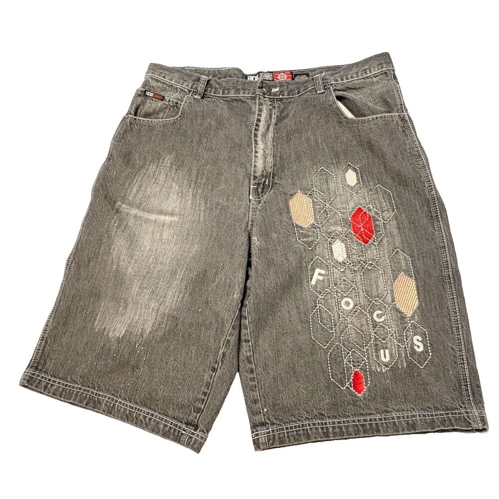 Focus Jeans Shorts Mens 38 Gray Denim Honeycomb Baggy Skater Y2K Hip Hop Grunge